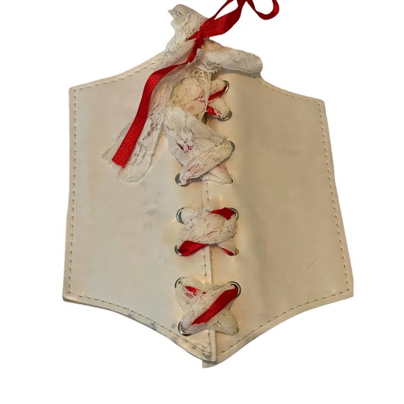 White & Red Ribbon and Lace Stretch Corset 4.5" Wide Belt SIZE L - Picture 2 of 6